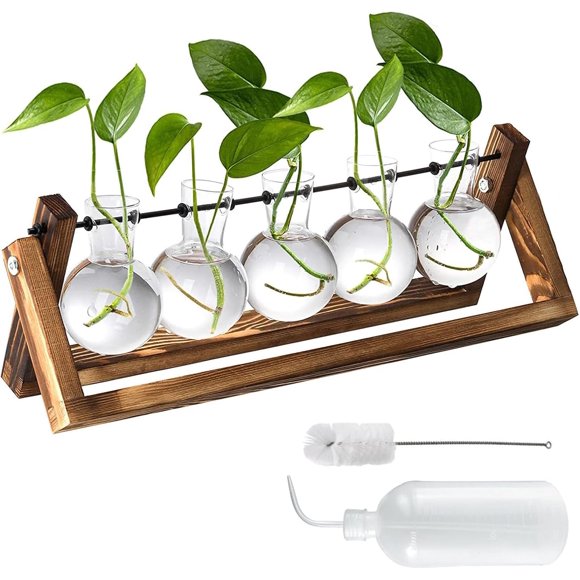 SHIQI-Plant Propagation Station, Retro Propagation Stations, Glass Plant Terrarium with Wooden Stand for Hydroponic, Desktop Propagation Vases for Plants Gift for Birthday Valentine