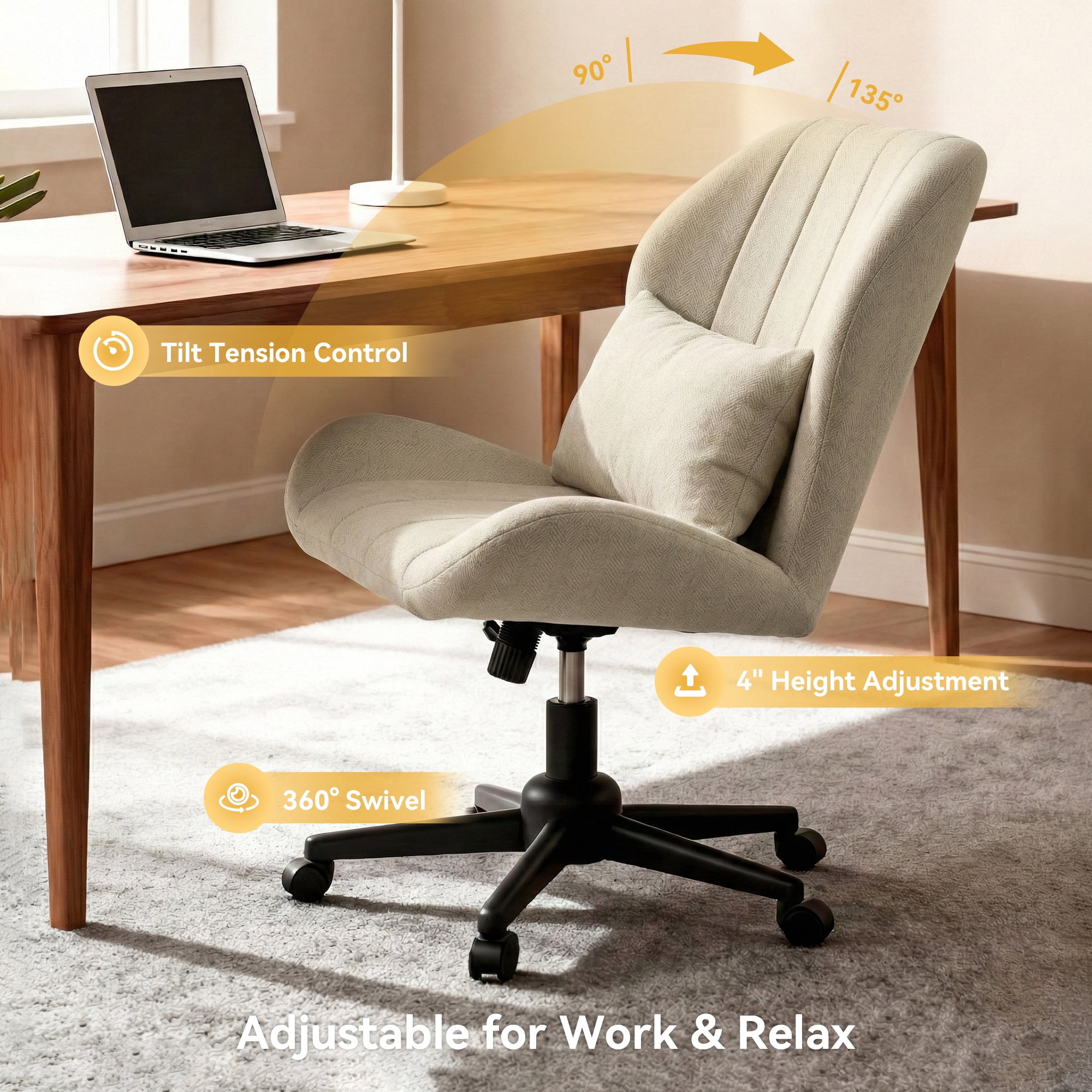 YIKEMA High Back Armless Rolling Office Chair, Wide Ergonomic Seat, Oatmeal