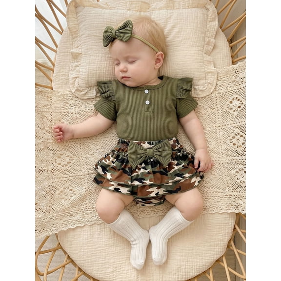 Baby Girl Summer Outfits Ribbed Knit Round Neck Short Sleeve Romper Camouflage Print Shorts Headband 3Pcs Clothes Set
