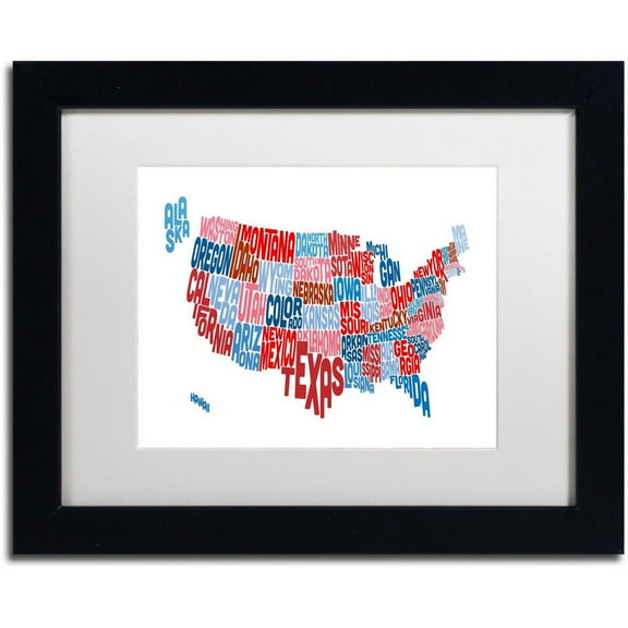Trademark Fine Art 'United States Typography Text Map' Canvas Art by Michael Tompsett, White Matte, Black Frame