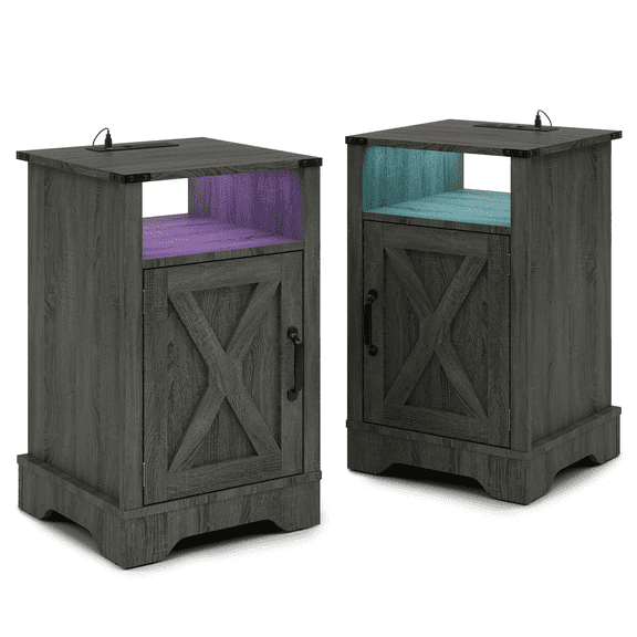 LED Nightstand Set of 2 with Charging Station, Bedside Table with Storage Cabinet and Shelf, Rustic End Table for Bedroom, Living Room