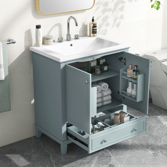 30" Bathroom Sink Vanity Combo with Smooth Ceramic Sink, Modern Bathroom Cabinet with Multi-functional Cabinet, Drawer, Adjustable Shelf, Green