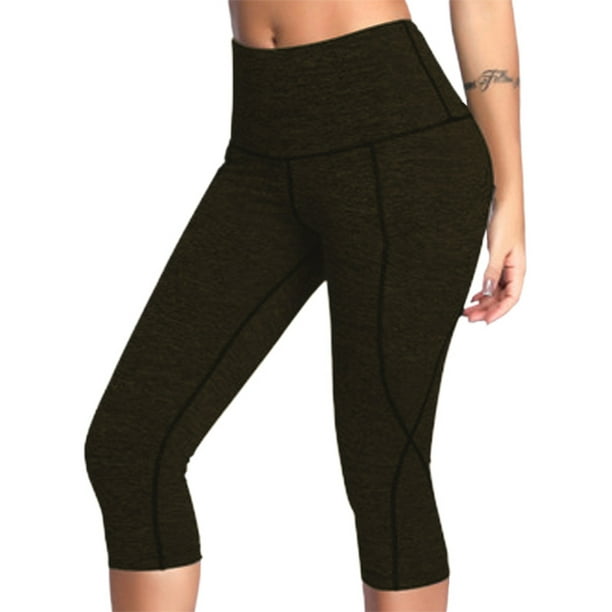 MAWCLOS Ladies Yoga Pants Elastic Waisted Bottoms High Waist Leggings Tummy  Control Workout Solid Color Capris Pant ArmyGreen XL 