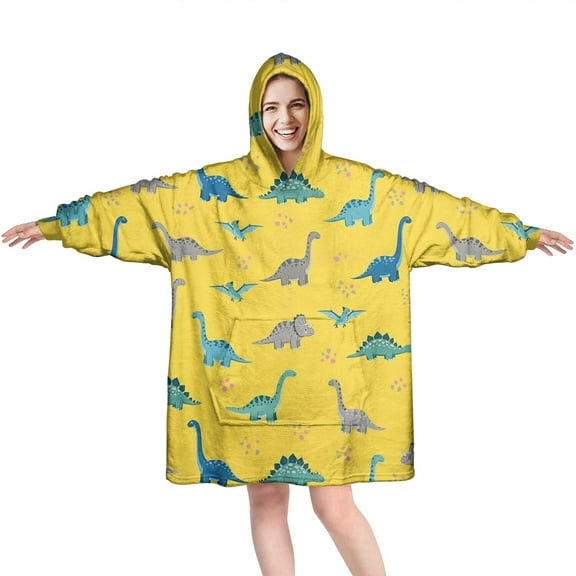 Wearable Oversized Blanket,Yellow Cartoon Dinosaurs Pattern Wearable Blanket Hoodie for Adults,Cozy Hooded Blankets with Super Pockets,Super Warm Fuzzy Pullover for Women & Men