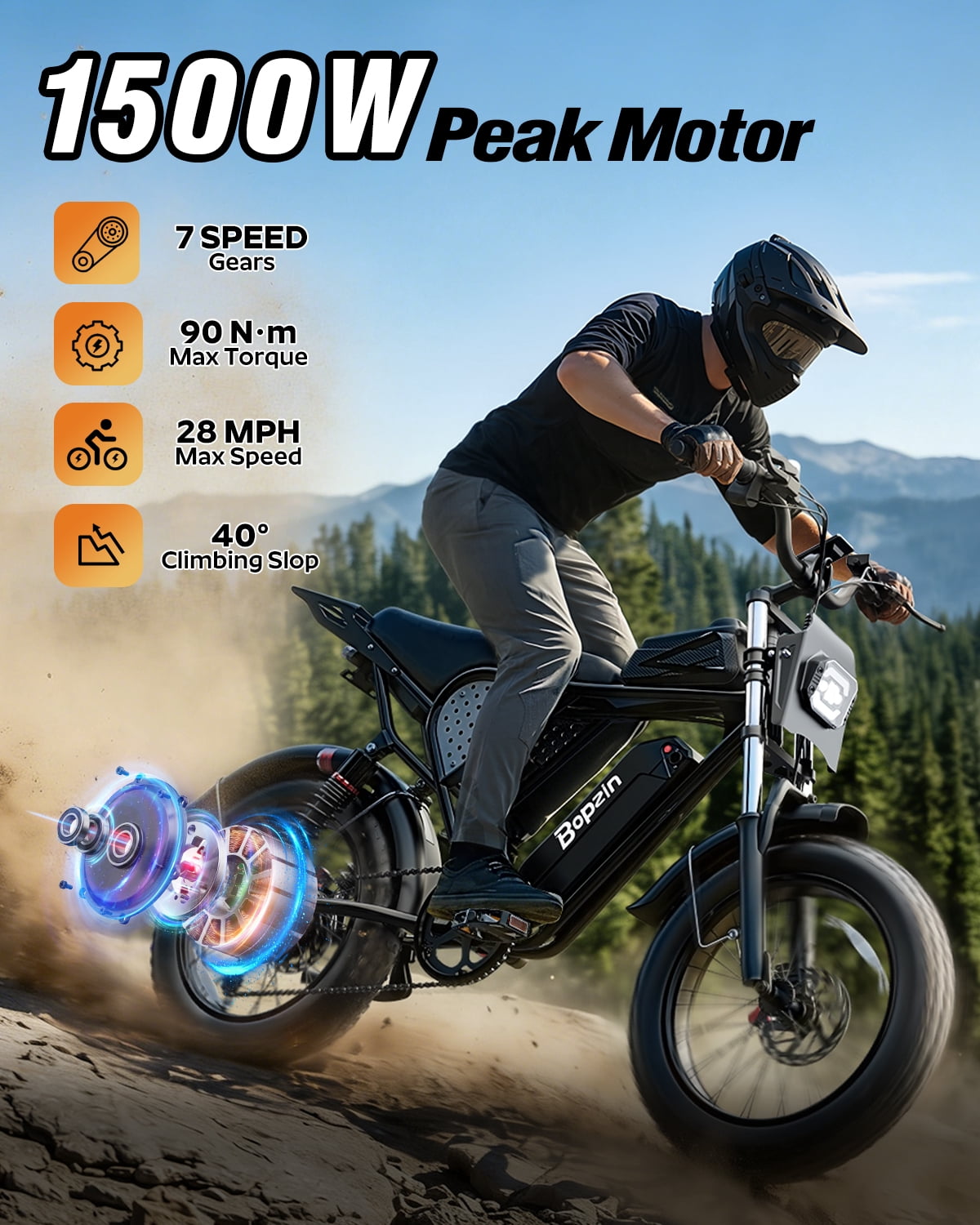 Bopzin 1500W Off-Road Electric Motorcycle for Adults, Bike with 48V 20Ah Battery, 20" Fat Tire Off-Road Electric Bike UL2849