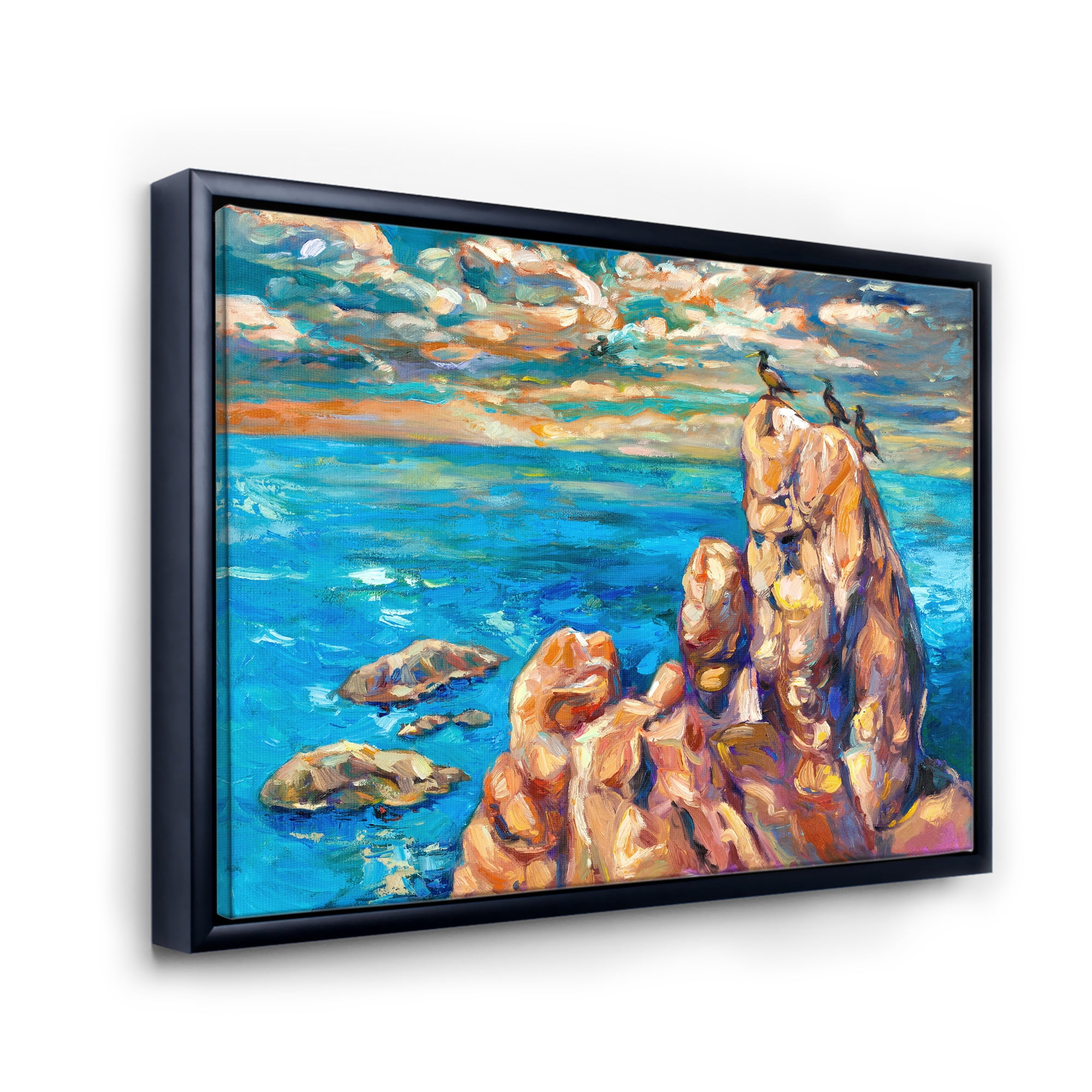 Designart 'The Blue Ocean By Rocky Cliffs I' Nautical & Coastal Framed Canvas Wall Art Print