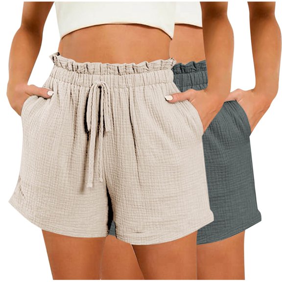 Hrsba Pack of Shorts for Women, 2 PC Solid Color Elastic Waist Drawstring Shorts with Pockets for Summer Wear