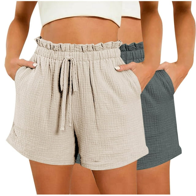 Timegard 2pc Wide Leg Shorts for Women Elastic High Waist Solid Color Casual Loose Shorts with Pockets