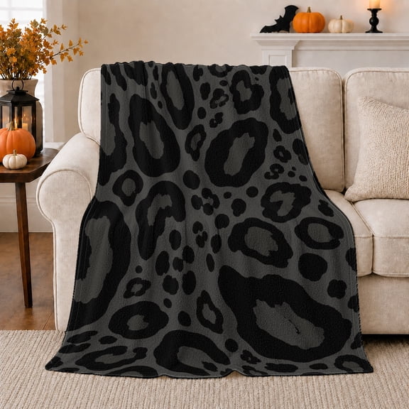 Charcoal Leopard Draped Beige Couch Pumpkins Fall Style, Festive Halloween Scene, Warm Flannel Blanket for Living Room and Reading Nook, Wildlife Lovers Halloween Gift, Festive Home Decor
