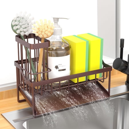 Vanwood Kitchen Sink Caddy Sponge Holder for Kitchen Sink with Brush Holder, Cocina Organizer and Storage Dish Soap Sponge Caddy with Auto Stainless Steel Draining Tray C40