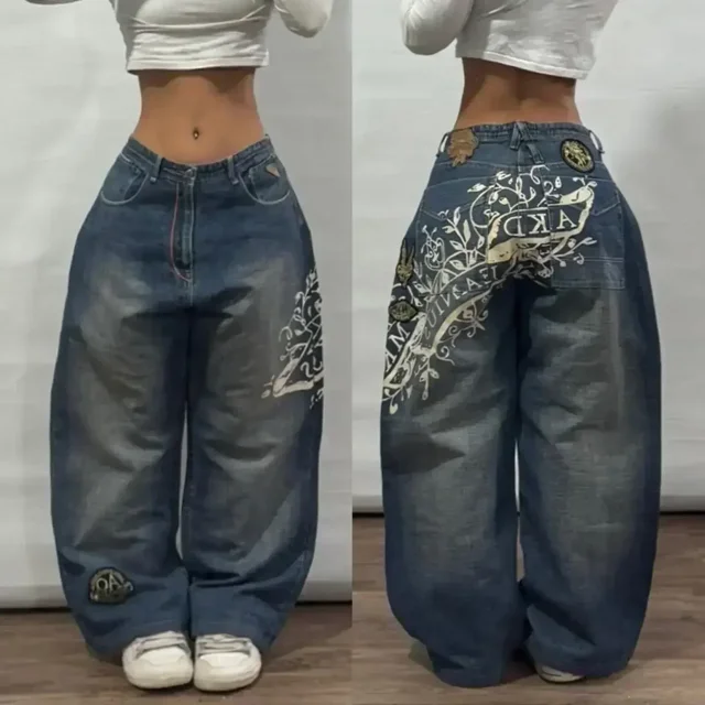 Womens Polyester Printed Oversized Baggy Wide Leg High Waist Full Length Jeans