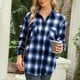thumbnail image 3 of Blusa a cuadros para mujer, solapa, media larga, poliéster, informal, manga larga, camisa con botones para el trabajo diario, otoño, invierno, azul, M, 3 of 7