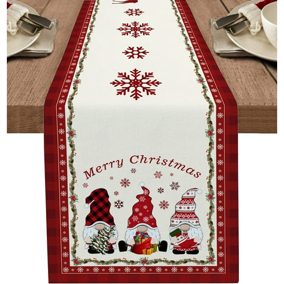 Christmas Gnome Plaid Table Runners 16x72inch, Cotton Linen Table Runner Tablecloth, Xmas Table Decorations for Wedding/Holiday/Party/Dining Room, Merry Christmas Table Setting Decor