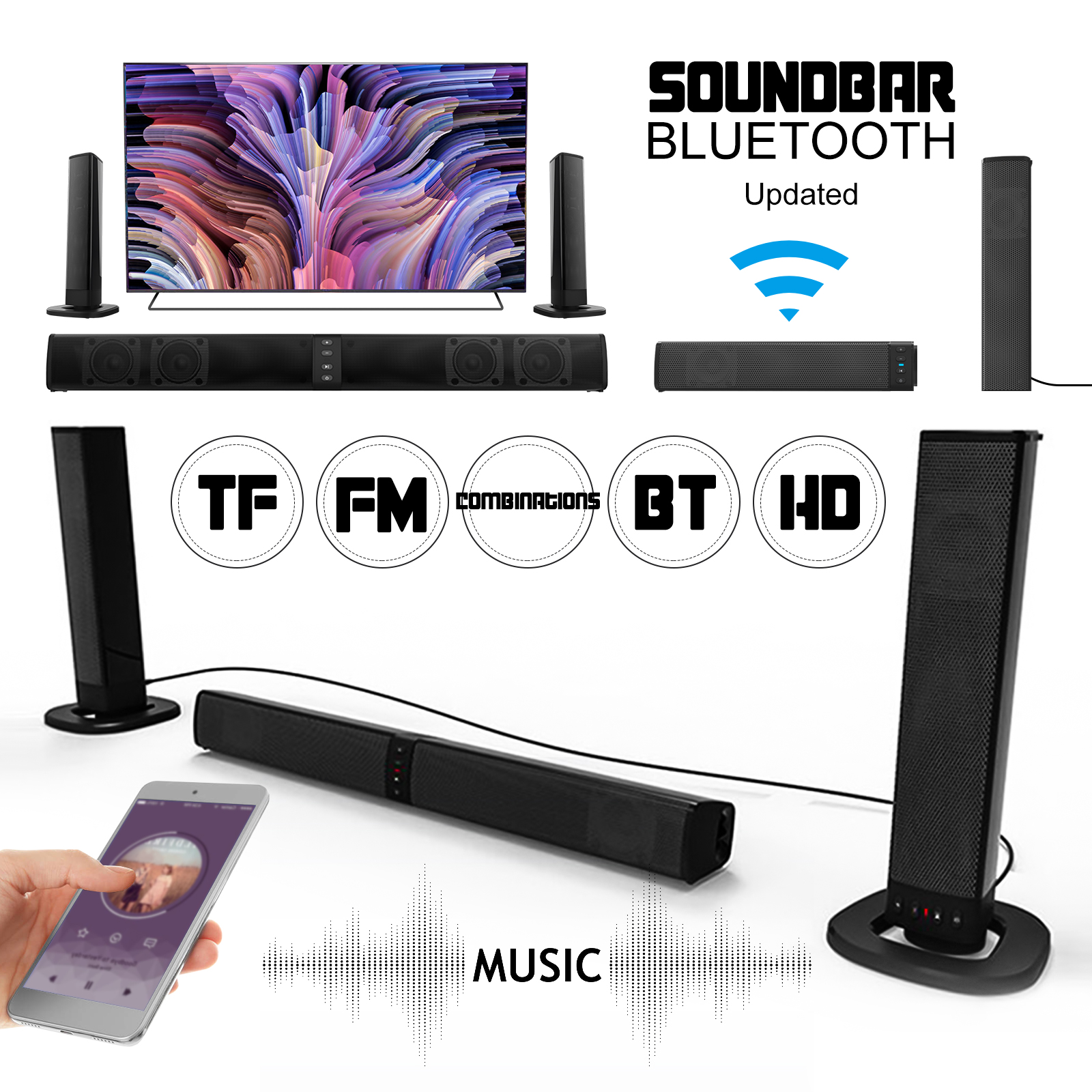 TSV Sound Bar, Bluetooth Wireless & Wired 19 Inch Soundbar Surround