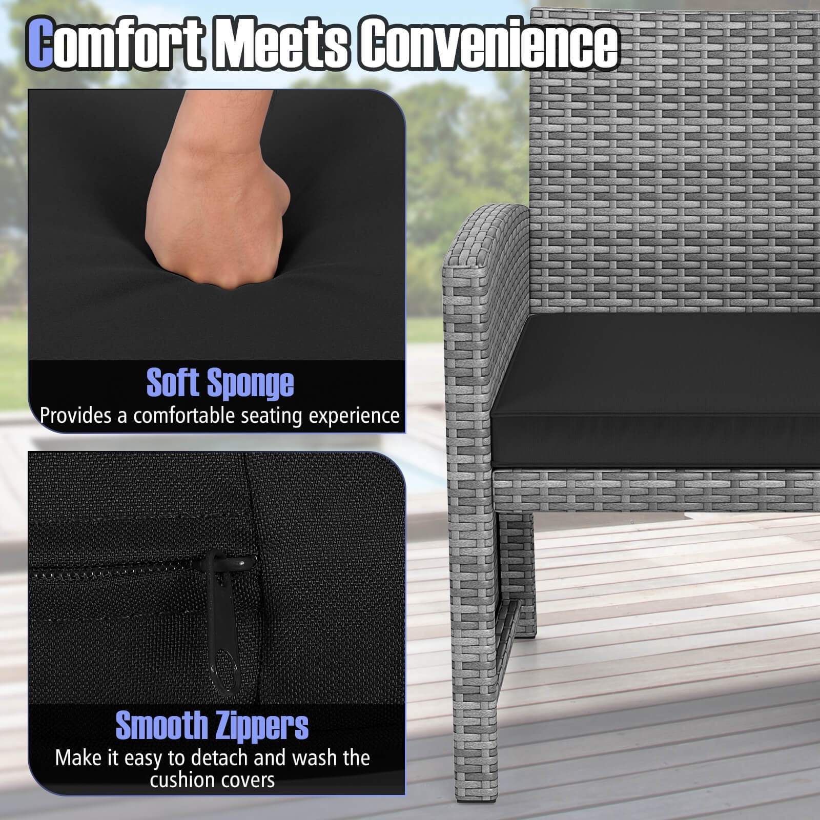 Costway 3 PCS Patio Furniture Set with Tempered Glass Coffee Table & Soft Seat Cushions Black