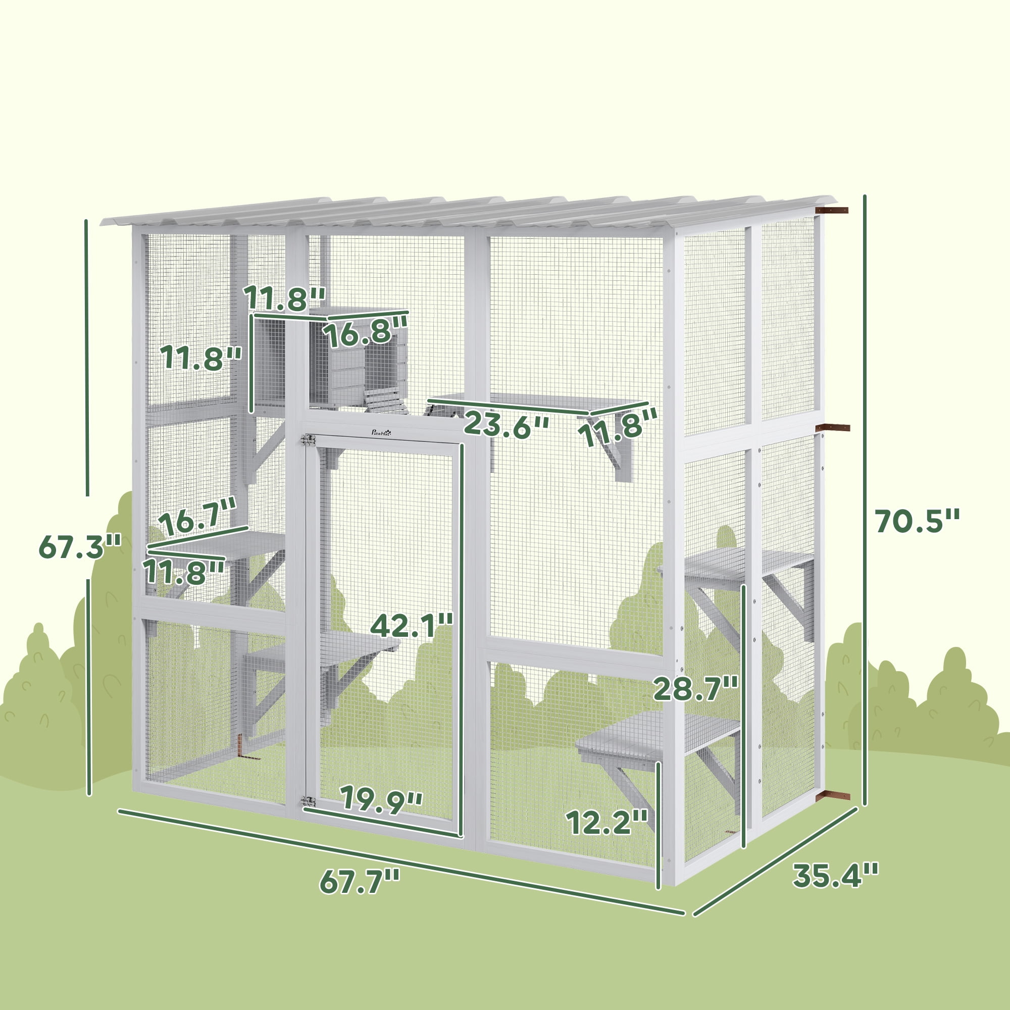 PawHut Catio, Outdoor Cat Enclosure Window Box Wooden Cat House w/ Weather Protection Roof for 2 Kitties with Resting Box, Platforms & Bridge, White