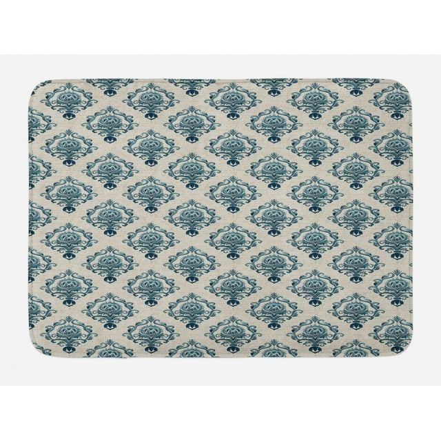 Damask Bath Mat, Nostalgia Themed Composition with Baroque Blooms and
