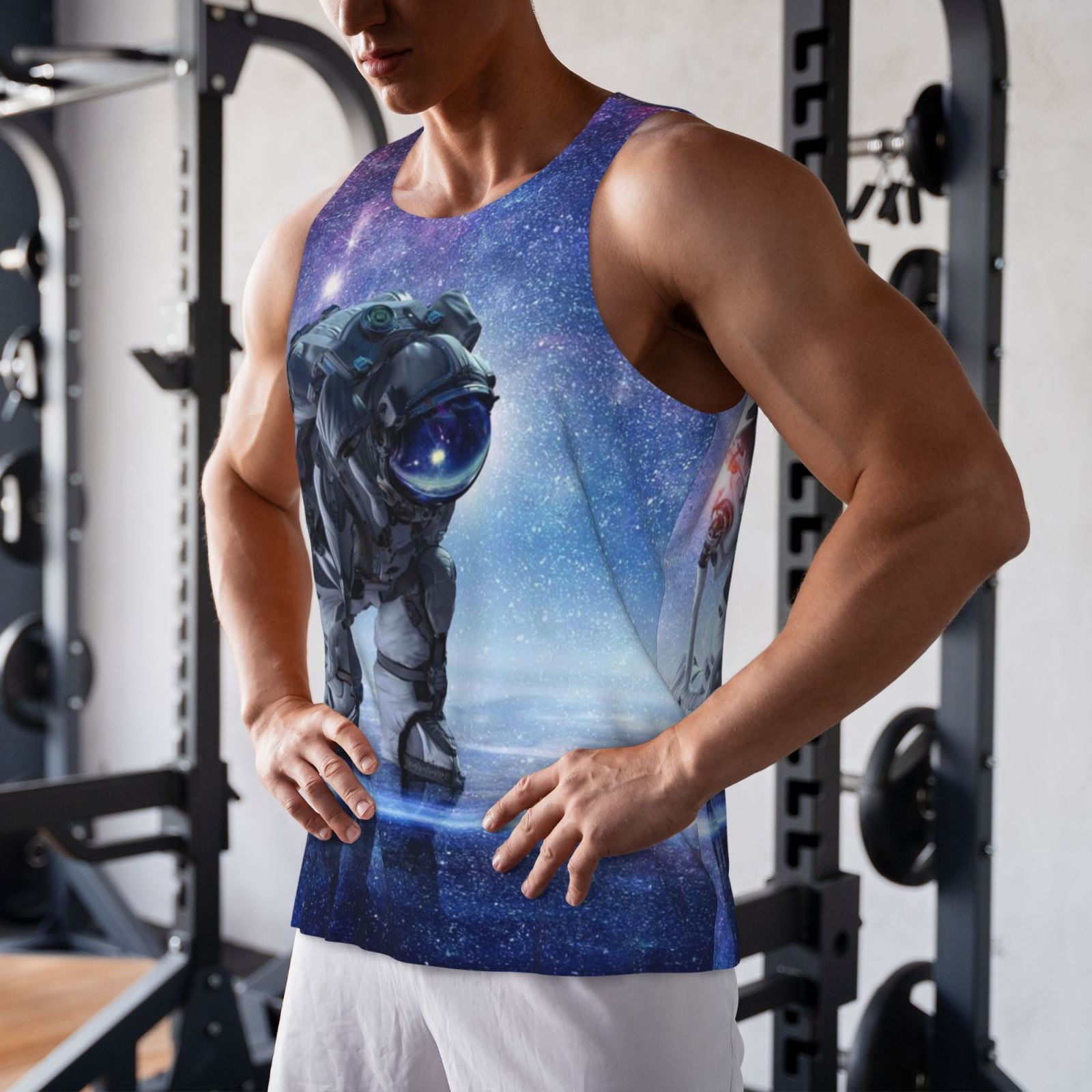Gukieu Astronauts Start Running Print Men's Quick Dry Fitness Vest, Round Neck Sleeveless Fitness Bodybuilding Top-4X-Large