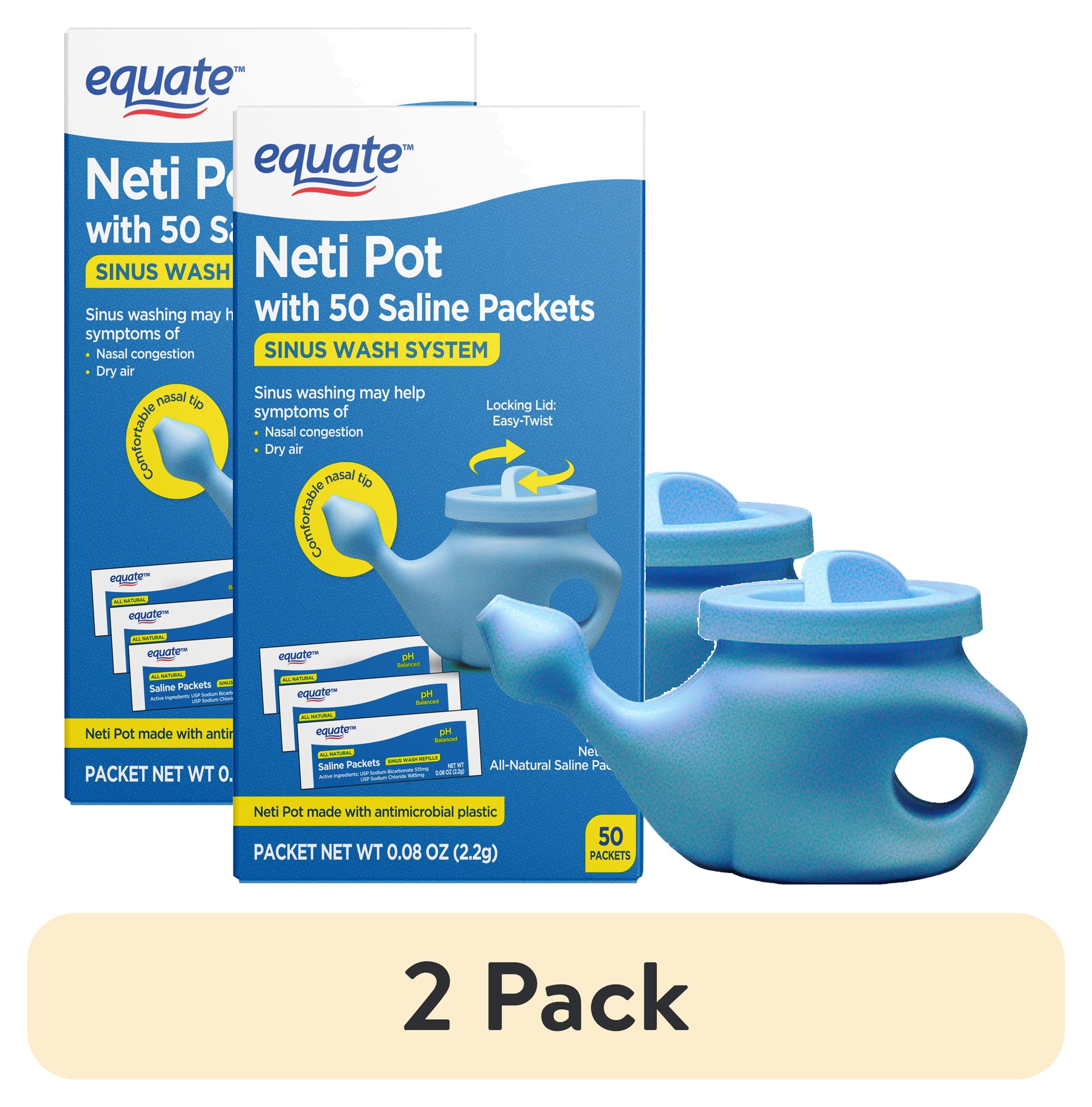 (2 pack) Equate Neti Pot Nasal Wash System with 50 Saline Packets for Sinus Congestion Relief, Blue