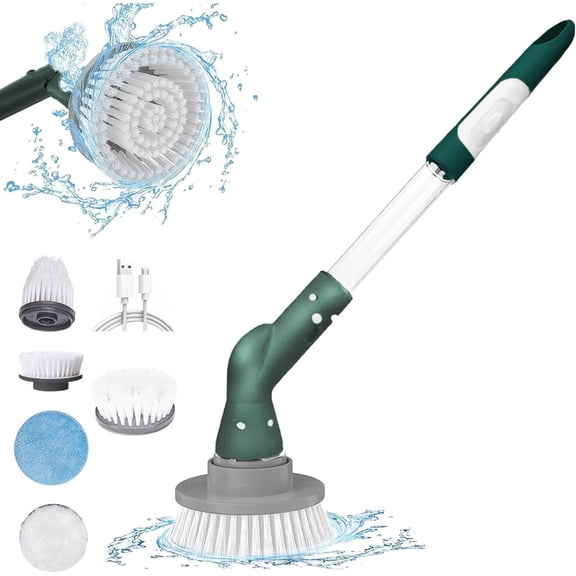 Naierhg Cordless Electric Cleaning Brush with 4 Replaceable Heads Auto Spin Long Handle Multifunctional Home Bathroom Floor Tile Window Cleaner Scrubber Tool