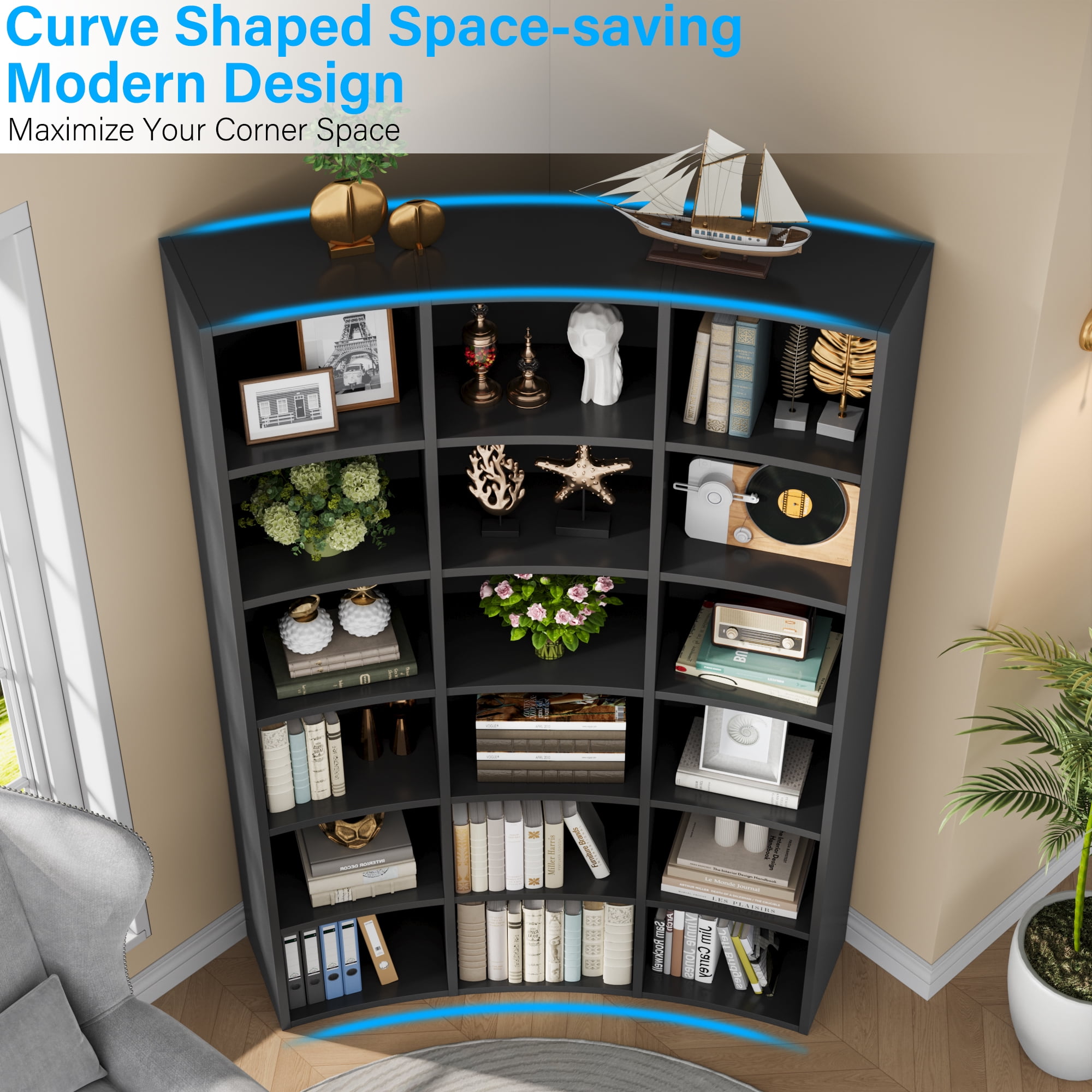 Cikuso 71" Triple Width Bookcase, 18-Cube Curved Bookshelf Corner Bookcase, Curve Shape Display Storage Shelf for Living Room, Home Office, Black