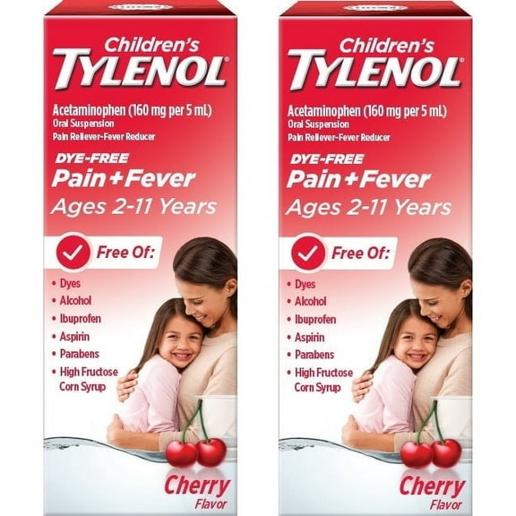Pack Of 2 Children's Tylenol Suspension for Ages 2-11 Dye-Free Cherry Flavor, 4 Ounces