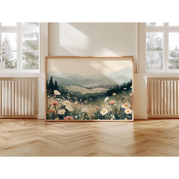 Landscape Mountain Daisy Wildflower Print, Triptych Nursery Wall Art, Pastel Boho Living Room Decor, Home Decor #2874, Unframed Poster Size 8x12