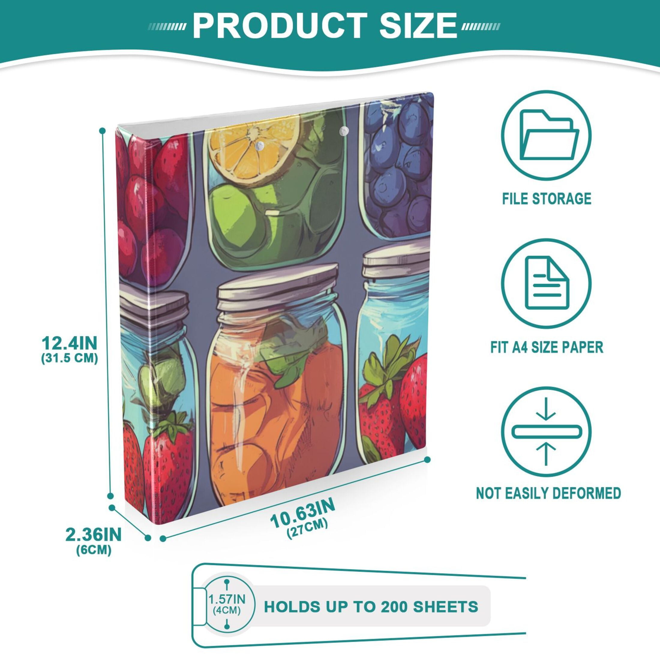 Fruit Jars 3 Ring Binders 1.5 inch Hardcover File Folders with Interior Pockets A4 Size Organizer for School Office Hospital