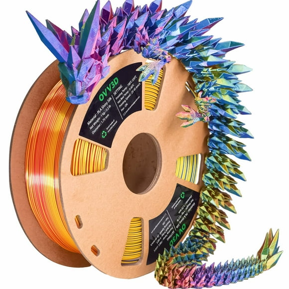 OVV3D 3D Printer Filament, Tri-Colors PLA Filament 1.75mm, Coextrusion Silk PLA Filament, Rainbow PLA Filament with Silk PLA Red-Yellow-Blue, 3D Printing Filament +/-0.02mm, 1kg