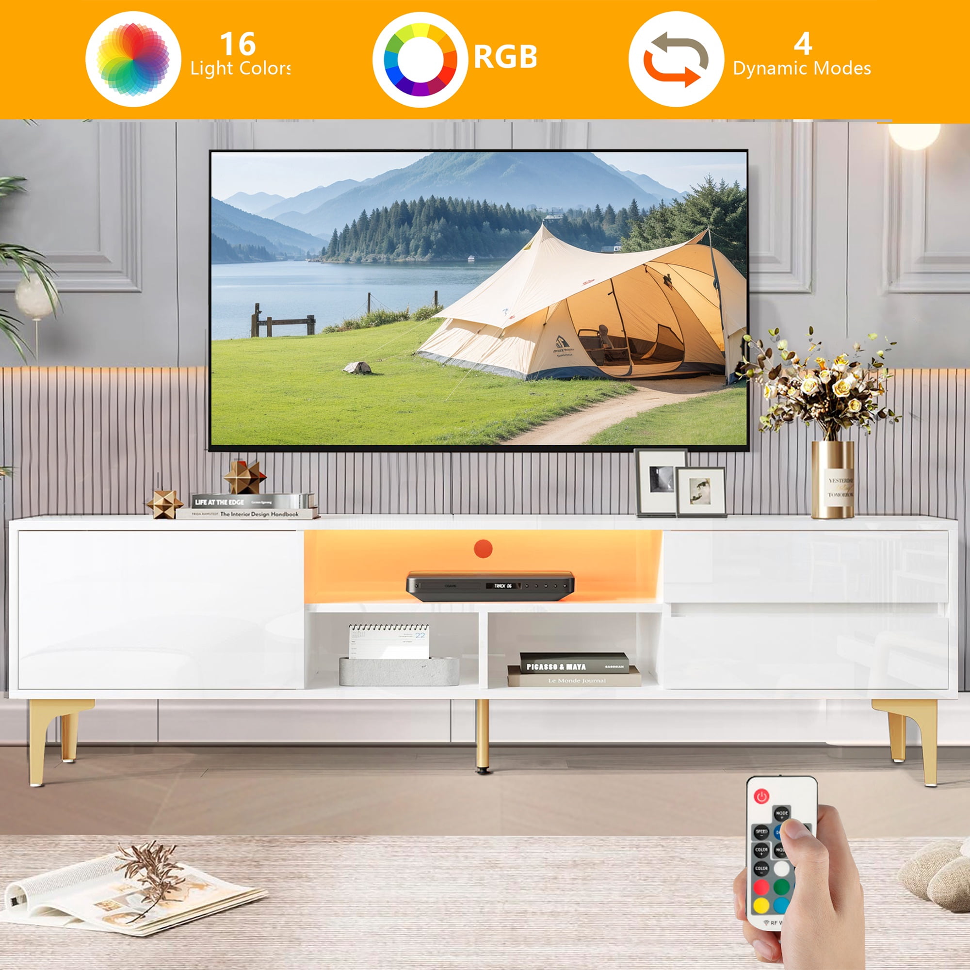 PORKISS 63" High Gloss LED TV Stand for TVs up to 70", Modern Low Profile TV Entertainment Center with RGB Lights, Remote/App Control, Storage Drawers and Open Shelves, White