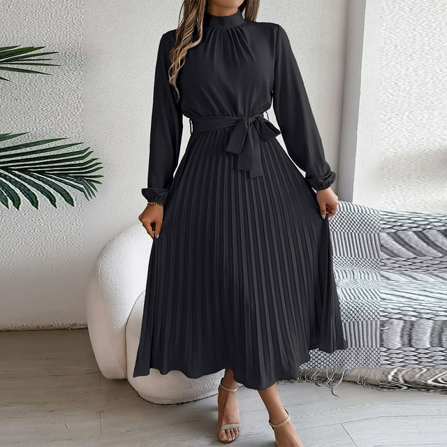 UPPADA Robe d'Invitée de Mariage d'Automne pour Femme, Robe Maxi Unie à Manches Longues, Élégante Robe de Soirée, Robes Spéciales, Robes Semi-Formelles pour Femmes, Grande Taille, Liquidation en Liquidation