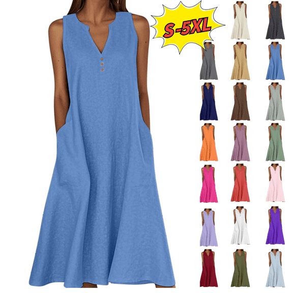 Utoimkio Women's Cotton Linen Maxi Dresses Summer Sleeveless V Neck Tank Dresses Flowy Beach Vacation Sundresses with Pockets Size S-5XL