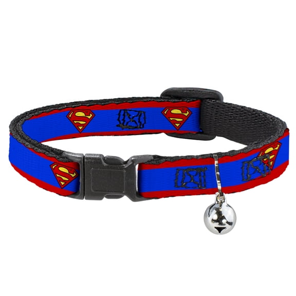 DC Comics Breakaway Cat Collar With Bell, Plastic Clip, Easy Adjustable, Superman Shield Stripe Red Blue, 8.5 to 12 Inches 0.5 Inch Wide