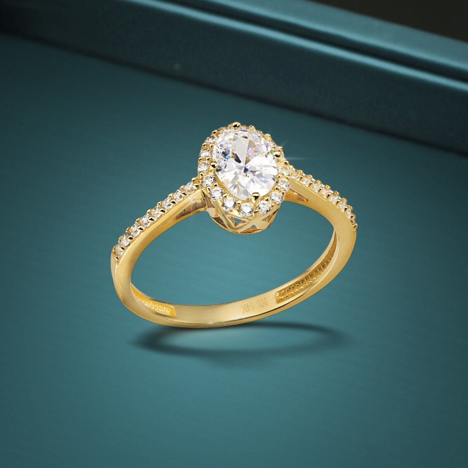 Tilo Jewelry 14K Yellow Gold 1 Carat Solitaire Oval Halo Engagement Wedding Ring with Side-stone Accents | Size 5 | Classic Engagement Ring for Women