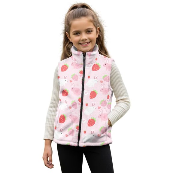 Uorisanigo Toddler Girls Boys Fleece Vest with Pockets, Fashion Cute Strawberry Rabbit Sleeveless Zip Front Jacket for Fall Winter Layering, Stand Up Collar Warm Outwear Waistcoat