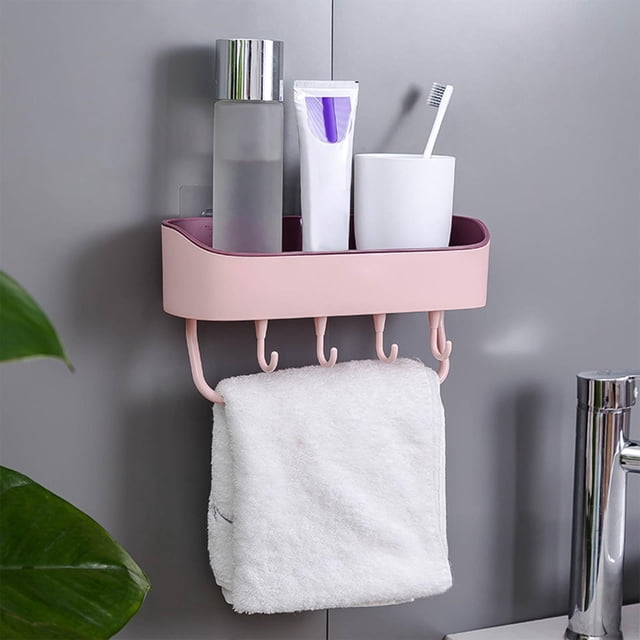 Organizador de Estante de Baño Macarena Sin Taladrar Ahorra Espacio con 5 Ganchos Rosado