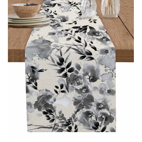Hokiten Table Runners 72 Inches Long Dress Scarves, Black Grey Spring Floral Farmhouse Kitchen/Dining Table Runner, Coffee Tablerunners, Summer Botanical Watercolor Rustic 16x72 Inch