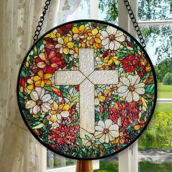 Christian Cross With Flower Stained Glass SunCatcher, Christian Stained Glass, Bible Verse Home Decoration, Religious Decor, Christian Gift, Stained Glass Ornament 2025, Holiday