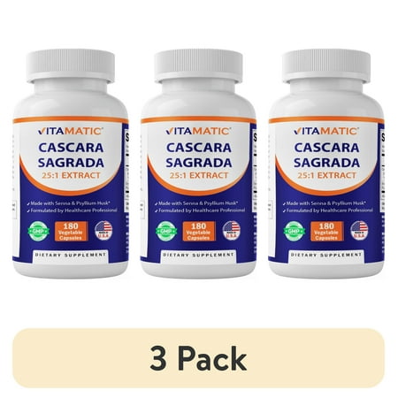 (3 pack) Vitamatic Cascara Sagrada 25:1 Extract, 5000 mg Equivalent Strength Per Serving, Made with Senna & Psyllium Husk - 180 Veg Capsules - Concentrated 25X Potency - All Natural - Non-GMO