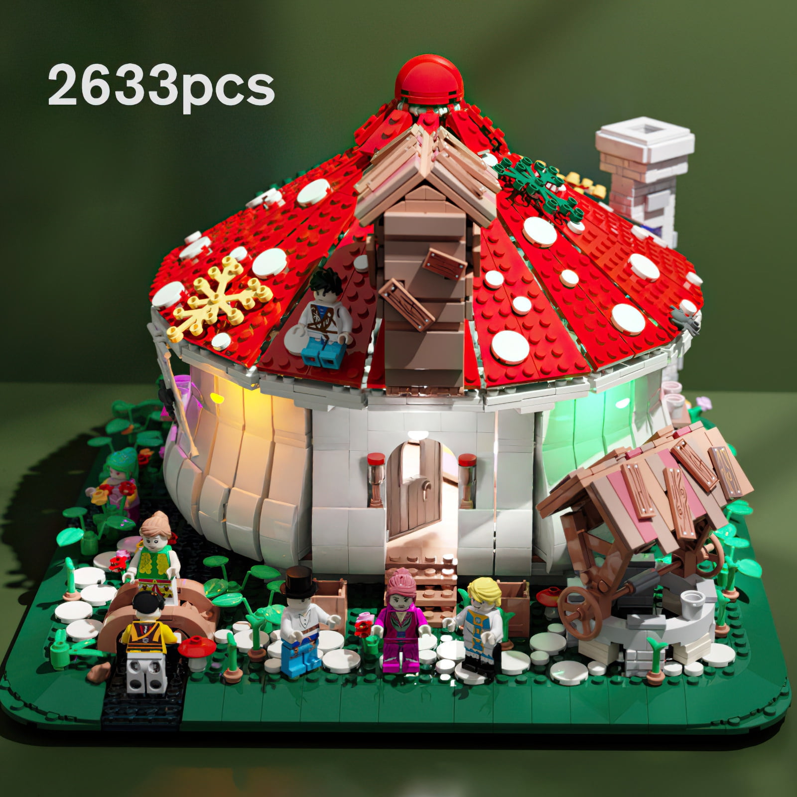 Mushroom House MOC Building Blocks with Light Kit, 2633Pcs City Street View Building Bricks