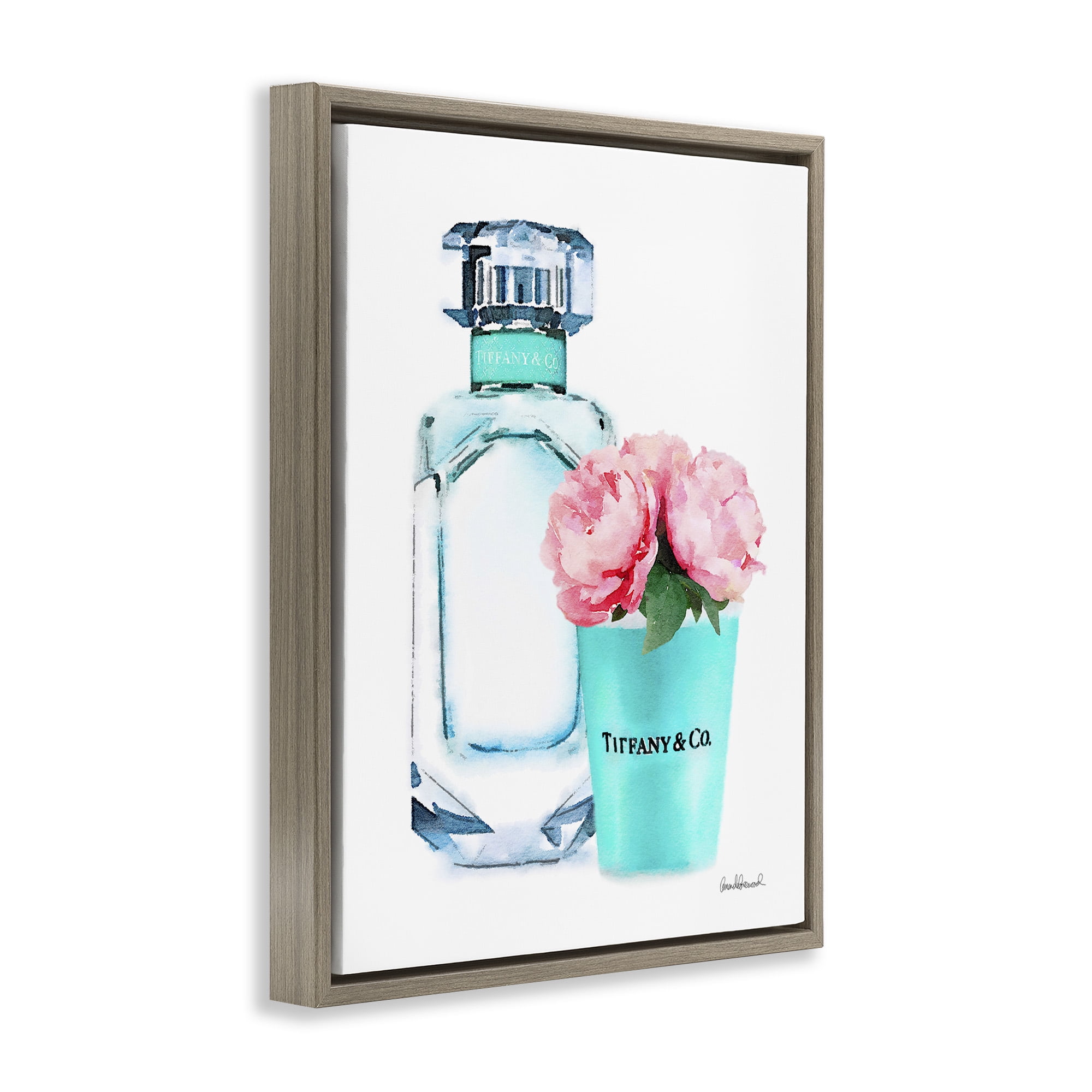 Stupell Industries Teal Perfume Bottle and Peonies Beauty & Fashion Painting Brown Floater Framed Canvas Art Print Wall Art, 25 x 31