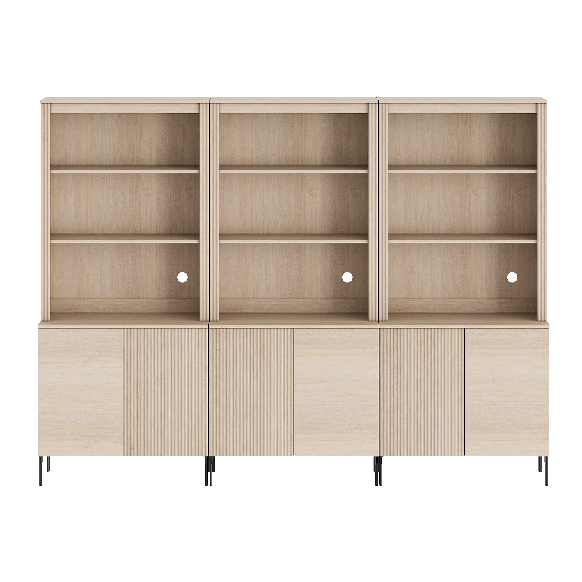 71.6"H X 94.5"W Set Of 3 Bookcase with Storage Cabinets, 15 Tier Bookshelf with Fluted Doors and Adjustable Shelves, Large Modern Display Cabinet For Living Room Bedroom Home Office Kitchen