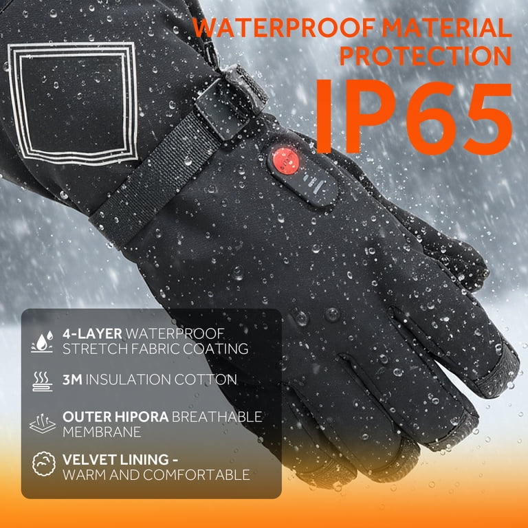 Rechargeable Heated Gloves For Men & Women - 3 Heat Levels, Waterproof, Touchscreen (Black, Size L/XL)