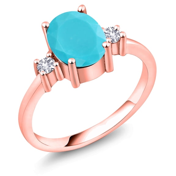 Gem Stone King 1.60 Ct Green Turquoise White Created Sapphire 18K Rose Gold Plated Silver Ring (Size 5)
