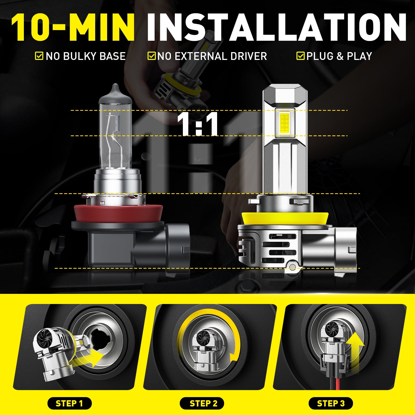 AUXITO 2026 Latest H11 Headlight Bulb, 900% Brighter 30,000lm 6500K Cool White H8 H9 H11 LED Headlight Bulbs for Low Beam High Beam, 1:1 Mini Size 5 Mins Easy Installation, Plug and Play, Pack of 2