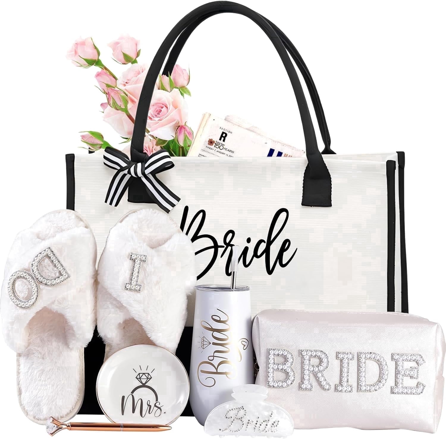 Birdal Gift Set–7-Piece Birde Gift Set with Tumbler, Tote, Slippers, Makeup Bag & More-Gift for Bride to be– Bachelorette Gifts for Her-Bridal Shower Decorations