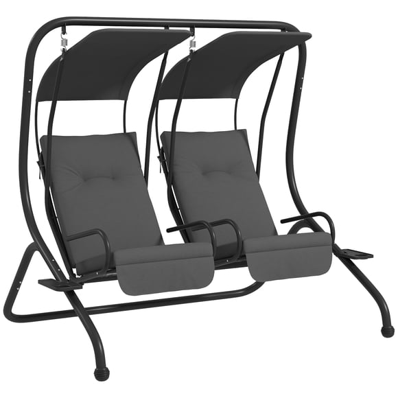 Outsunny 2-Seat Patio Swing Chair w/ Removable Canopy & Cup Holders, Grey