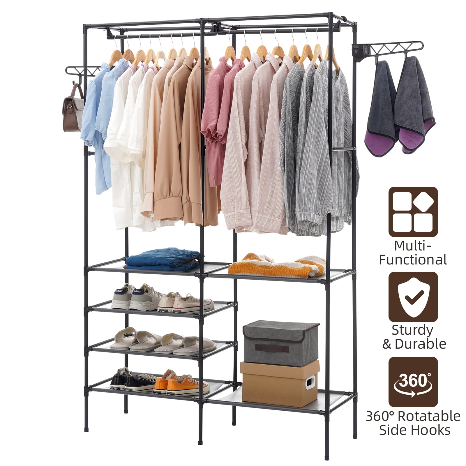 Metal Garment Rack,Hanging Clothes Rack Storage Shelves with 2 Side Hooks,Portable Freestanding Multifunctional Wardrobe Closet