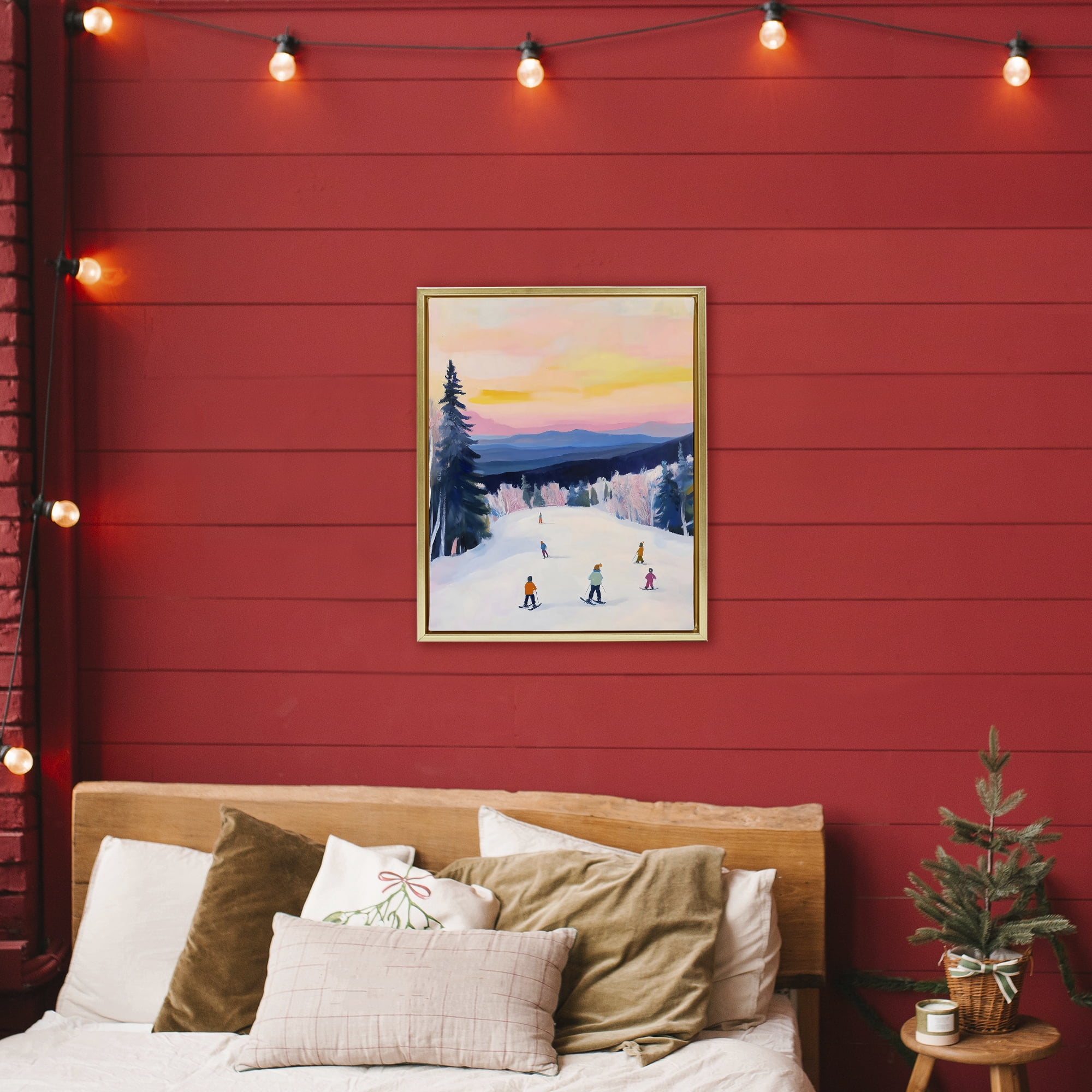 Stupell Industries Snowy Mountain Skiers at Sunset Gold Framed Floater Canvas Wall Art, design by The Prints Vibe