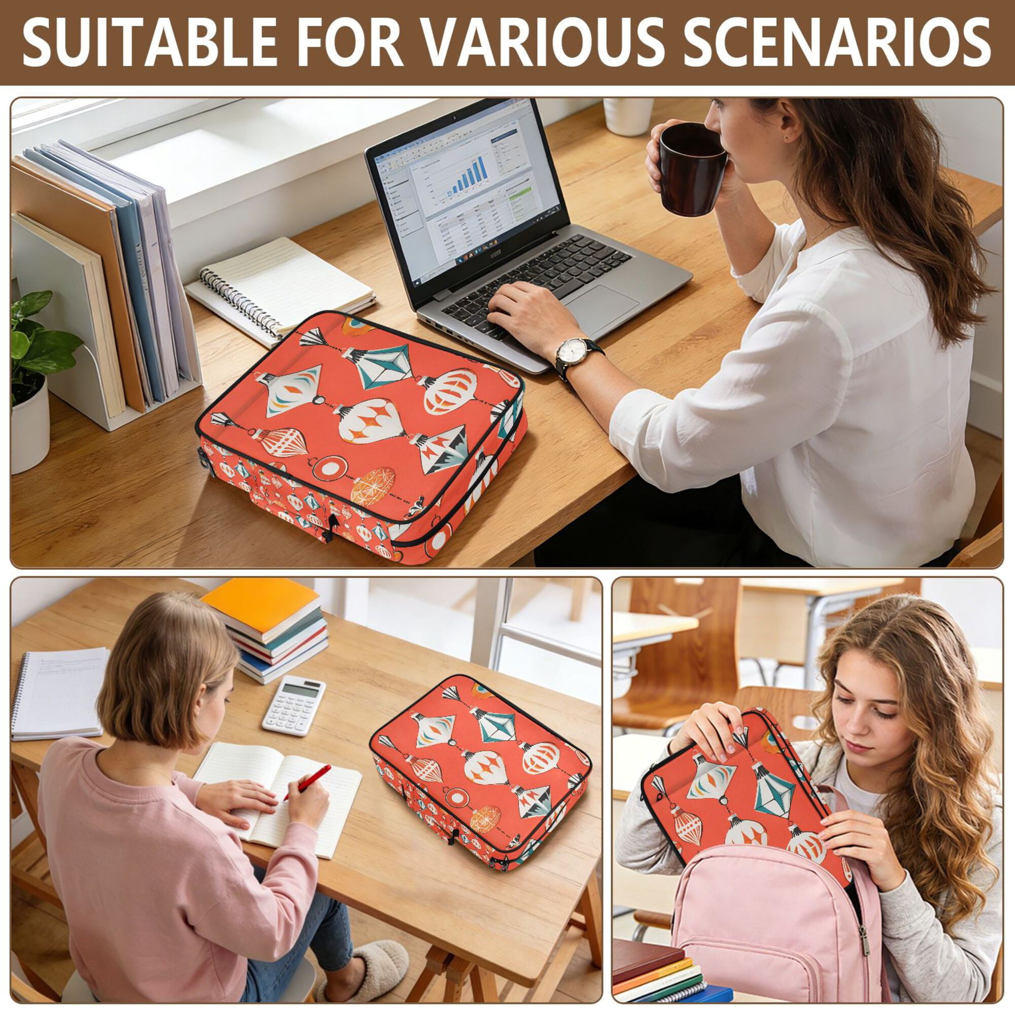 FORMRS Accordion File Folder A4 Size 7-Pocket Expanding Document Organizer Bag with 3 Ring Binder, Retro Christmas Ornaments Pattern